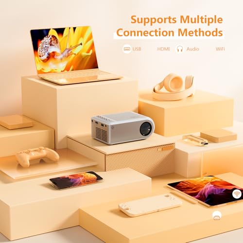 Mini Projector with WiFi and Bluetooth, Outdoor Portable Mini Projector for iPhone Supports 1080P with Built-in Speaker, Movie Projector for Home Theater Compatible with iOS/Android/PC/TV Stick/HDMI