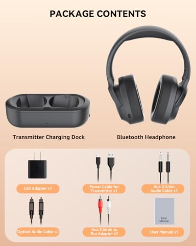 ANSTEN Wireless Headphones for TV Watching with Charging Dock | Digital Optical RCA AUX 3.5MM Over Ear Headset for Seniors, Bluetooth Headphones No Delay, 30 Hrs Playtime, Plug and Play