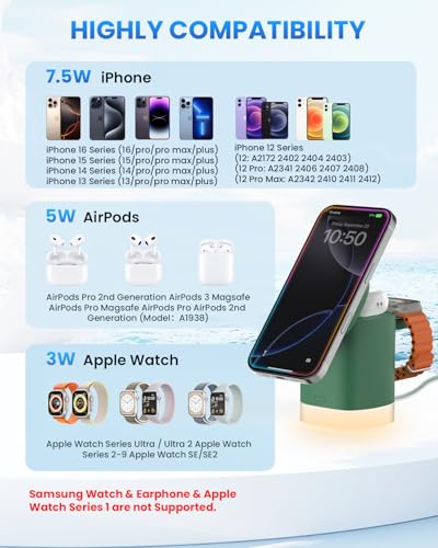 Wireless Charging Station for Apple Mag-Safe: JoyGeek 3 in 1 Magnetic Foldable Charger Stand for iPhone 16 15 14 13 12 Pro Max Plus - Apple Watch 10 9 8 7 6 5 4 SE - AirPods Pro 2/3/4 - color: Dark Green