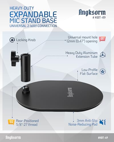 Low Profile Mic Stand Base, Weighted Desk Mount, 12mm Socket, 5/8-27 Thread | 600 g metal plate with a 12 mm arm socket and padded underside for compact desktop microphone and boom arm setups - size: KBT-49 Metal Base