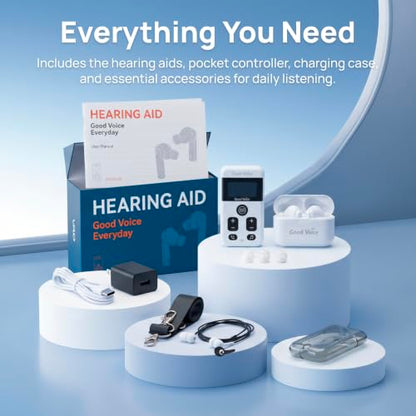 OKB Hearing GV-SA0360 OTC In-Ear Hearing Aid, True-Wireless with Pocket Controller Ear-Extension for TV & Meetings, Dual-Mode Noise Reduction, Charging Case, Bluetooth 5.2, Adults 18+ (Polar White)