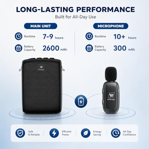WinBridge Wireless Voice Amplifier with Clip-On Lapel Mic for Teachers | 15W Portable PA System with Bluetooth, 12H+ Battery, Auto-Pairing , Instant Mute, Ultra-Light Lavalier Microphone WB005