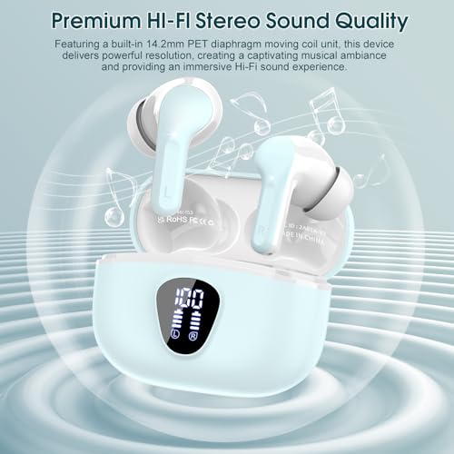 Wireless Earbuds, Bluetooth 5.4 Headphones HiFi Stereo, Bluetooth Earbuds | With ENC Noise Cancelling Mic, IP7 Waterproof in Ear Earphones,48H, LED Display Ear buds for Pad Phones Workout Sports, Azure - color: Azure
