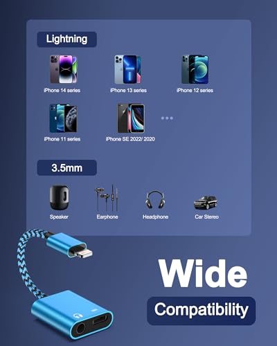 iPhone Headphone Adapter with Charge 2-in-1 Lightning to 3.5mm Female Aux | Audio Jack Dual Converter Mfi Certified Apple Dongle Splitter +Charger Adaptor for iPhone 14 Pro Max 13 12 11 XR XS iPad Mini - color: Blue