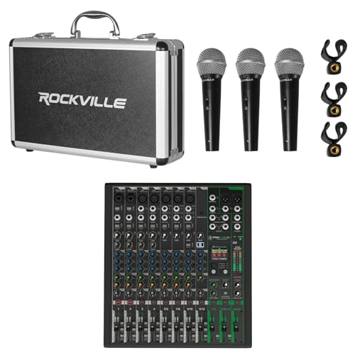 Audiosavings Bundle: (1) Mackie ProFX12v3+ 12-Channel Analog Mixer w/Enhanced FX/USB Recording/Bluetooth Bundle With (1) Rockville RMC-3PK 3 Pack Metal Wired Vocal/Instrument/DJ Microphones+Metal Case