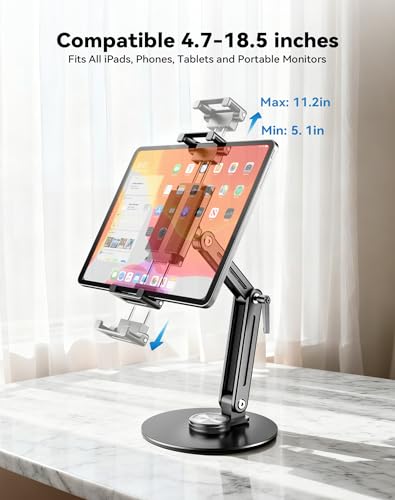 Portable Monitor Stand Large Clamp - Heavy Duty Aluminum Body Support up to 4.4LBS 16" 17.3" 18.5 inch 360° Rotating Base Swivel Foldable Desk Stand for iPad Holder Tablet Mount for Kitchen/Travel - size: Up to 18.4''