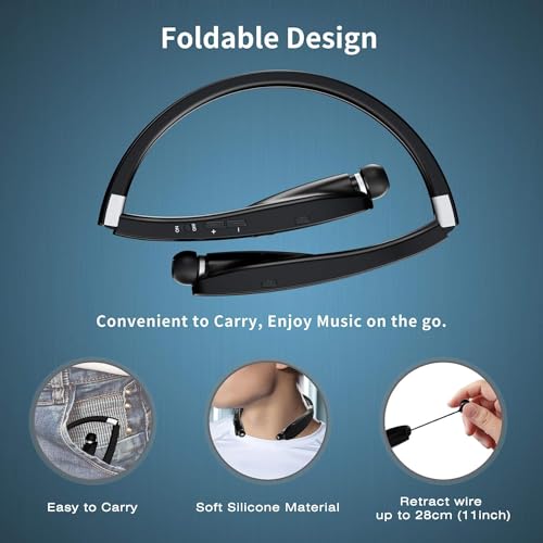 AMORNO Foldable Bluetooth Headphones Wireless Neckband Headset with Retractable Earbuds, Sports Sweatproof Noise Cancelling Stereo Earphones with Mic - color: Black