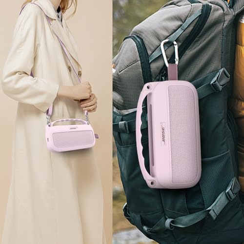 co2CREA Soft Silicone Case for Bose SoundLink Flex 2nd Gen, Pink | Skin-Friendly Handle, Adjustable Shoulder Strap, Crossbody Carrying, Aluminum Carabiner, Lightweight - color: Pink Case