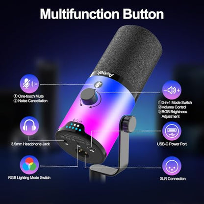 Aveek USB/XLR Dynamic Microphone with Boom Arm for Gaming & Streaming | RGB Lighting, Noise Cancellation, One-Touch Mute, Monitor Mix & Headphone Jack for PC & PS5