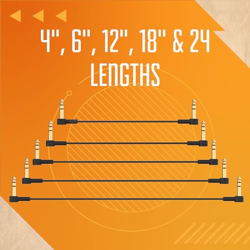 1/4" Stereo TRS Flat Patch Cables - 6" Ultra-Thin, Right Angle | Low Profile, Gold Plated, Braided Shielding, Maximize Pedalboard Space, Eliminate Noise, Connect Guitar Effects Pedals - size: 6 Inches
