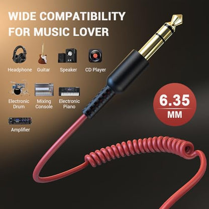OneOdio Coiled 3.5mm to 6.35mm TRS Stereo Audio Cable, 6.9ft-9.8ft Stretchable, Gold-Plated Connectors, Spring Guitar/Amp/HiFi Aux Cord for Fusion A71