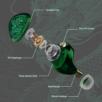 TANGZU Wan'er S.G II Jage Dragon Gaming IEM Earphones, 10mm PET Single Dynamic Driver in Ear Monitor Headphones with Mic for Studio Gaming, Flat Detachable 2-Pin Cable (Green 3.5mm Without Mic) - size: 3.5mm without Mic