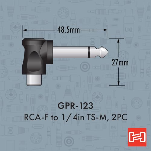 Hosa GPR-123 Right-angle Adaptors, RCA to 1/4 Inch TS, 2 pieces | Right-angle RCA to 1/4 inch TS adaptors with male to female connection for amplifiers, mixers and speakers - size: 2 pieces