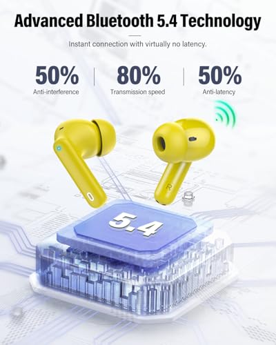 Wireless Earbuds, Bluetooth 5.4 Headphones Bass Stereo/Clear Calls, Yellow | Ear Buds with Noise Cancelling Mic LED Display in Ear Earphones IP7 Waterproof 36H Bluetooth Earbuds for Phones/Sport/Laptop - color: Yellow