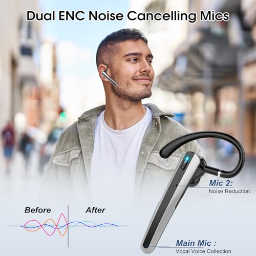 Bluetooth Headset V5.3, Wireless Headset with ENC Noise Canceling Mic | 120Hrs Talk Single-Ear Bluetooth Earpiece, LED Display, IP7 Waterproof Hand-Free Earphone for Business/Trucker/Driver - color: Mysterious Black
