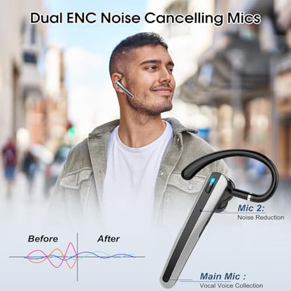 Bluetooth Headset V5.3, Wireless Headset with ENC Noise Canceling Mic | 120Hrs Talk Single-Ear Bluetooth Earpiece, LED Display, IP7 Waterproof Hand-Free Earphone for Business/Trucker/Driver - color: Mysterious Black