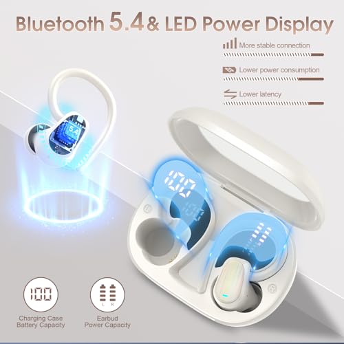 Wireless Earbuds, Bluetooth 5.4 Headphones Sport, Over Ear Buds with ENC Noise Canceling Mic, Deep Bass Stereo Ear Buds with Hook, 50H Playback, LED Display, IP7 Earphones for Workout Running, White | 50H Playback, IP7 Waterproof Earphones for Workout Run
