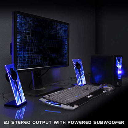 GOgroove BassPULSE 2.1 Computer Speakers with Blue LED Glow Lights and Powered Subwoofer - Gaming Speaker System for Music on Desktop, Laptop, PC with 40 Watts, Heavy Bass