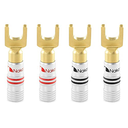 Nakamichi GrubLock 24k Gold Plated Spade Y Banana Plugs, 10-18 AWG | Excel Series, Gauge Size 4mm Speakers Amplifier Hi-Fi AV Stereo Audio Wire Cable Screw Connector, 4 Pcs (2-Pairs) - size: 4 Pcs (2-Pairs)