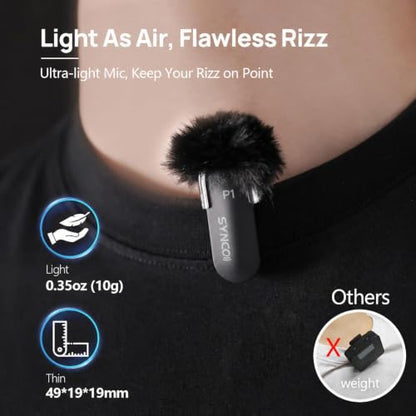 SYNCO Wireless Lavalier Microphone for iPhone, Mini Wireless Lapel Mic with Noise Cancellation, 492ft/150m Range, Real-Time Monitoring, Plug & Play for TikTok, YouTube, Vlog, Streaming & Interview