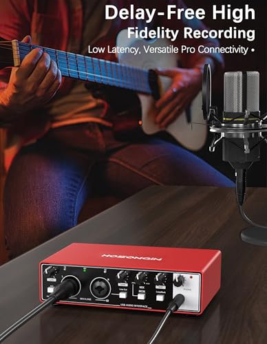 HOSONGIN 초보자를 위한 USB 오디오 인터페이스 - 24비트/192kHz, 48V 팬텀 파워, 팟캐스트/보컬/기타/유튜브, PC/맥/iOS 호환 플러그 앤 플레이 녹음, 뉴 레드 메탈)