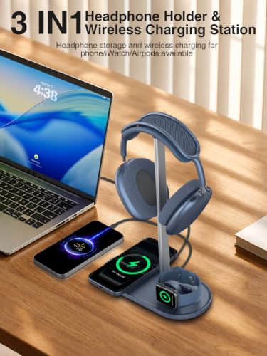 3 in 1 Headphone Stand, Airpod Max Charger Stand with 15W Wireless Charger | Headset Holder for AirPods Max 2/Pro/iWatch/Vision Pro, Charging for iPhone 17/16/15/14/13/12/11/X, Aluminum Alloy Rod, Blue