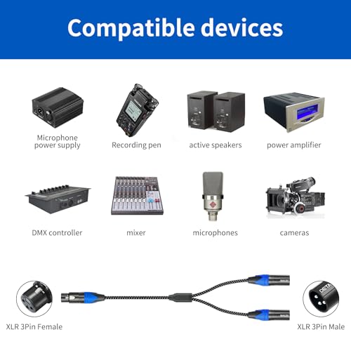 2Pack XLR Female to Dual Male Y Splitter Cable, Female XLR to 2 Male Y Cable,3Pin Y Splitter 1 F to 2 M for Micphone Mixer 2FT - color: XLR 1F To 2 M, size: 2FT
