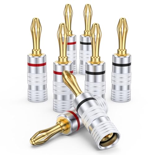 MOSWAG Banana Plugs for Speaker Wire (4 Pairs/8 pcs) Banana Plug Adapter | Brass Speaker Connectors with Dual Set Screws, Black and Red Shell Banana Plugs for Home Theater, A/V Receiver, Amplifiers - size: 4 Pairs