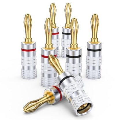 MOSWAG Banana Plugs for Speaker Wire (4 Pairs/8 pcs) Banana Plug Adapter | Brass Speaker Connectors with Dual Set Screws, Black and Red Shell Banana Plugs for Home Theater, A/V Receiver, Amplifiers - size: 4 Pairs