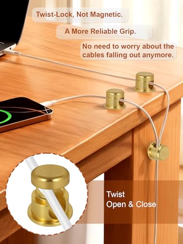 Wider Base Strong Adhesive Desk Cord Holder 3 Pack, Aluminum Gold | Screw-top Cord Holder for Nightstand, Cable Holder Desk Organizer for Phone Charger, Cable Management Clips