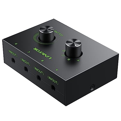 LiNKFOR 4 Port 3.5mm Stereo Audio Switch, 4 Way Stereo Audio Selector, 4 Input 1 Output / 1 Input 4 Output Audio Splitter with Volume Control and 4 Channel Switch Knob - size: 4 Ports 3.5mm