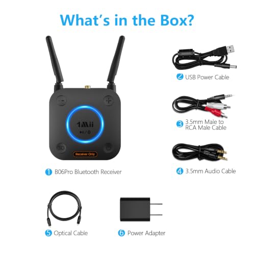 [Upgraded] 1Mii B06Pro Long Range Bluetooth Receiver, HiFi Wireless Audio Adapter, Bluetooth 5.3 Receiver with 3D Surround aptX HD Low Latency Optical RCA AUX 3.5mm Coaxial for Home Stereo System - color: B06Pro Black