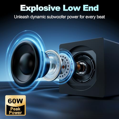 Nylavee Computer Speakers with Subwoofer, 2.1 PC Speakers, Bluetooth 5.4 | 8 Lighting Modes, 60W Peak Power, AC Adapter Powered with USB/USB-C and 3.5mm AUX Inputs for Desktop PCs and Monitors