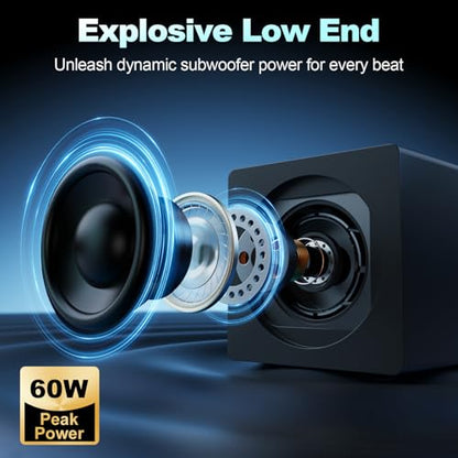 Nylavee Computer Speakers with Subwoofer, 2.1 PC Speakers, Bluetooth 5.4 | 8 Lighting Modes, 60W Peak Power, AC Adapter Powered with USB/USB-C and 3.5mm AUX Inputs for Desktop PCs and Monitors