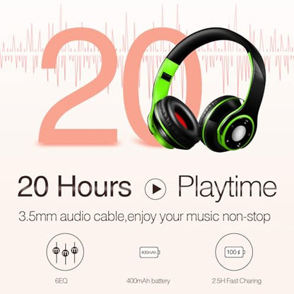 Bluetooth Headphones Over Ear, Wireless Headphones with 5 EQ Modes, 20 Hours Playtime Foldable HiFi Stereo Headset with Microphone, FM/TF for Cellphone/PC/Work/Travel/Kids/Adults/Gift (Green) - color: Green