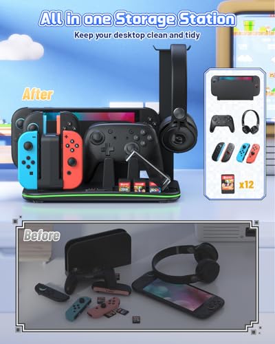 FASTSNAIL Charging Dock & Orgainzer Station & Fan for Nintendo Switch 2/1 | Charger Stand for Joycon 2/1, Storage for 4 Joypads, Pro Controller, 12 Card Slots, Headset Holder & NS2 Dock, 9 RGB Modes