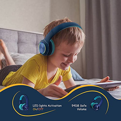 PowerLocus PLED Kids Bluetooth Headphones, Kids Wireless Headphones with LED Lights, 74/85/94dB Safe Volume, Micro SD, AUX Cable, Hi-Fi Stereo, Built-in Mic Over Ear Kid Headphone for Travel/Tablet/PC - color: Blue