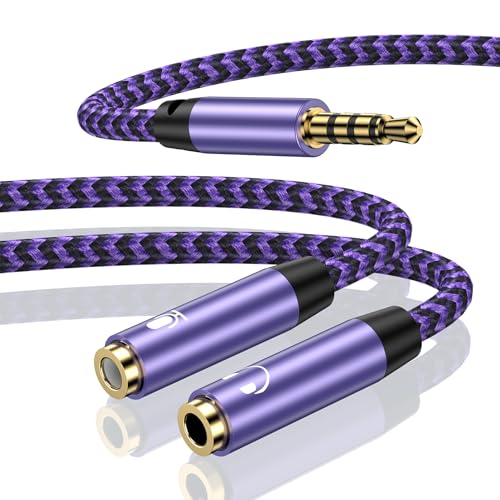 3.5mm Audio Splitter, Male to Female Headphone & Microphone Jack Adapter | 3.5mm Hi-Fi Stereo Aux Extension Cable for Earphones Compatible with PS4 PS5 Xbox Switch PC Gaming Headsets Phone Tablet - color: purple