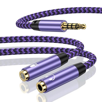 3.5mm Audio Splitter, Male to Female Headphone & Microphone Jack Adapter | 3.5mm Hi-Fi Stereo Aux Extension Cable for Earphones Compatible with PS4 PS5 Xbox Switch PC Gaming Headsets Phone Tablet - color: purple