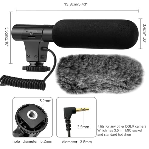 Camera Microphone, Video Microphone for DSLR Close Interview Shotgun Mic for Canon Nikon Sony Fuji Mic with Windscreen, Compatible with Camera with 3.5mm (1/8") TRS Plug