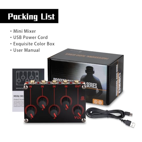 COKYIS TP400 Mini Portable Stereo 4 Channel Audio Mixer Live Studio Console Recording Low Noise Multiple Input Mix 4 Way 1/8" inch 4 in 1 Out Stereo Mixer(With USB power cord)