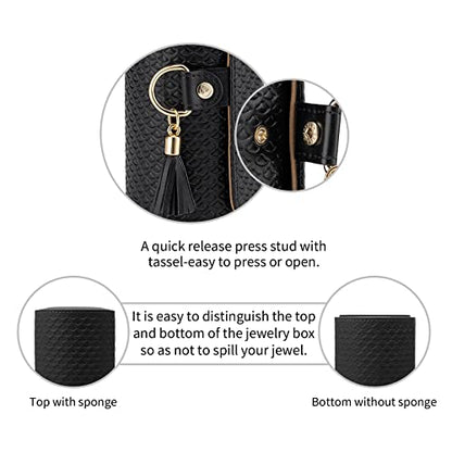 VLANDO Travel Jewelry Organizer, 3 Tier Roll Up Design, Hard Shell Storage | Stepped Sections Compartments Keep Jewelry Visible, Soft Lining Protect Pieces, Snap Closure, Travel Gift for Women Girl - color: Black