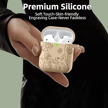Lerobo for AirPod Case 2nd/1st Generation with Keychain | Flower Engraved Silicone Protective Cover for AirPods 2 Case, Wireless Charging, Led Visible, One-piece Design, Milk Tea - color: Milk Tea