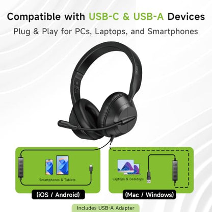 Acer Headset with Microphone for PC, ENC Noise-Cancelling Mic, USB-C/USB-A | 40mm drivers, 160g lightweight comfort, in-line mute & volume controls, 1.8m cable, plug-and-play, all-day office use