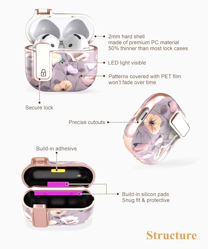 TATOFY Cover for AirPods Pro 4th Generation Case with Lock Clip Cleaner Kit Slim Hard AirPod 4 Lock Case Compatible with MagSafe (Gray Purple) - color: Gray Purple, size: AirPods 4th Gen