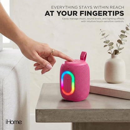 iHome Quest Wireless Portable Bluetooth Speaker with RGB Light | Water-Resistant, Built-In Carry Strap, TWS Pairing, Rechargeable Battery, USB-C Cable Included, True Stereo, Bluetooth 5.3 - color: Pink