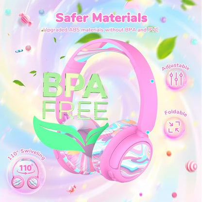 iClever BTH22 Kids Bluetooth Headphones for Toddler Travel, 60H Play Time | SafeSound Tech3.0, Stereo Sound, USB C Fast Charging, AUX Cable, Kids Wireless Headphones for Girls/Boys/Tablet/PC/School - color: Pink-Stripe