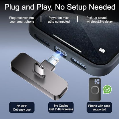 2-Pack Wireless Mini Lavalier Lapel Microphone for iPhone, Android(2 in 1) | Microphone for Content Creators, 65ft Clip on Dual Mics for TikTok, YouTube, Noise Reduction,Clear Voice, 6H Working Time