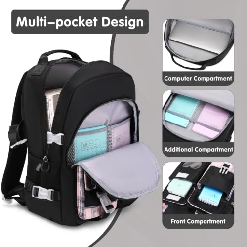 ACESAK Girls Backpack with Headphones, Insulated Lunch Box & Pencil Case | Girls School Backpack with 3.5mm Wired Headphones for School Bookbag Schoolbag Set Back To School Gift, Black - color: Black