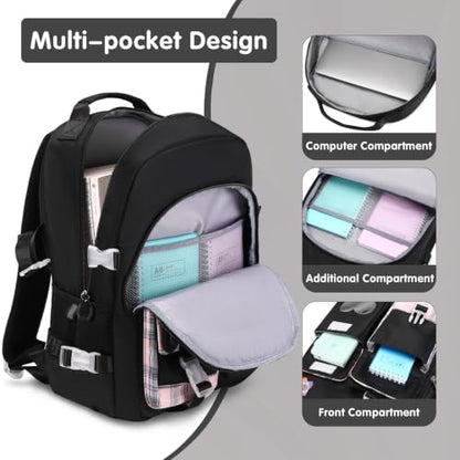 ACESAK Girls Backpack with Headphones, Insulated Lunch Box & Pencil Case | Girls School Backpack with 3.5mm Wired Headphones for School Bookbag Schoolbag Set Back To School Gift, Black - color: Black